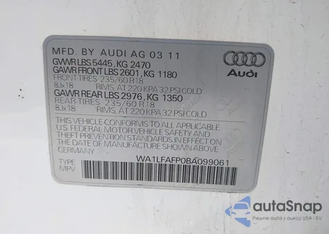 2011 Audi Q5 2.0T Premium z USA, uszkodzony, nr VIN WA1LFAFP0BA099061